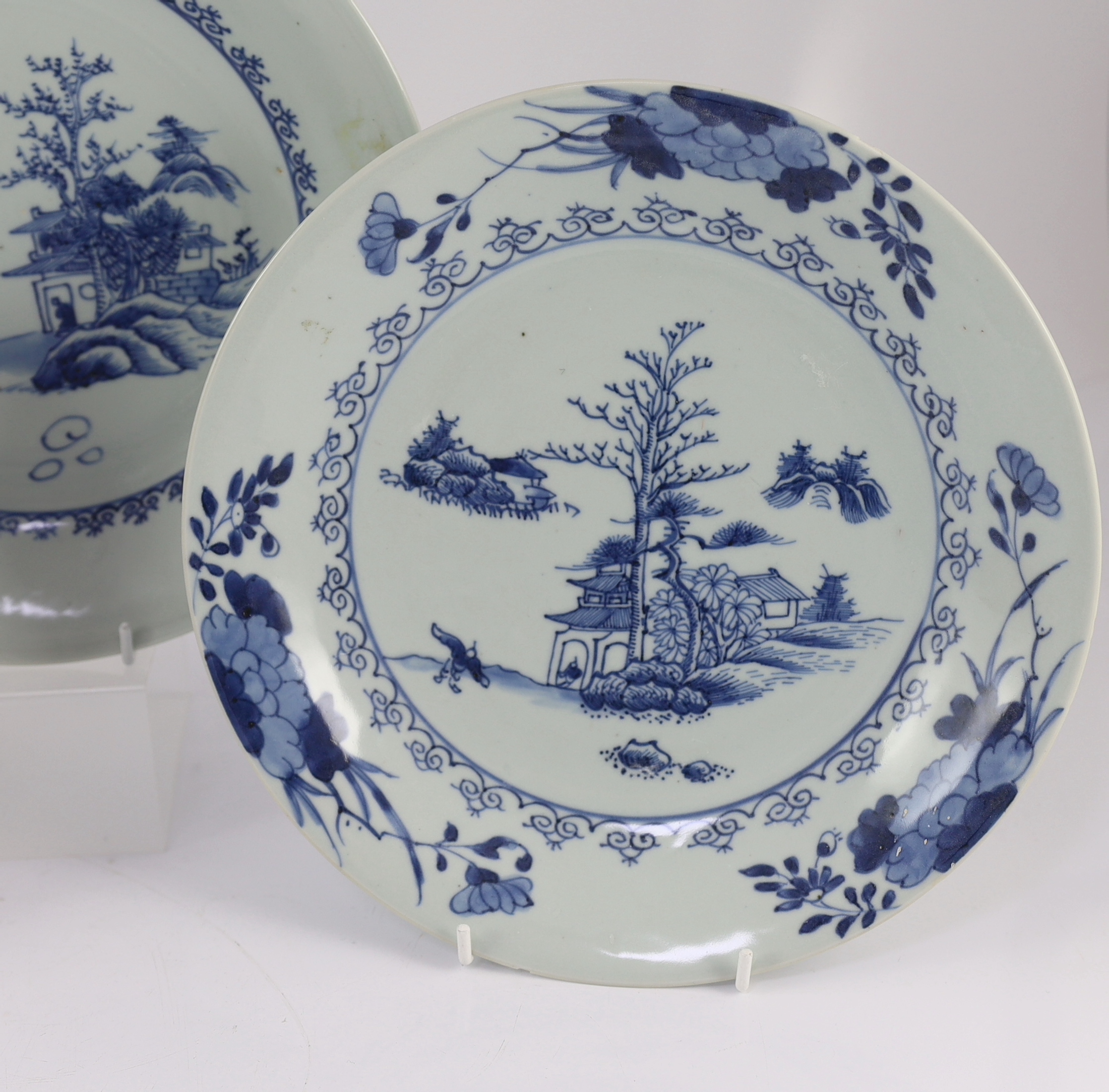 Three Chinese blue and white ‘Leaping Boy’ middle size dishes, Nanking Cargo, c.1750